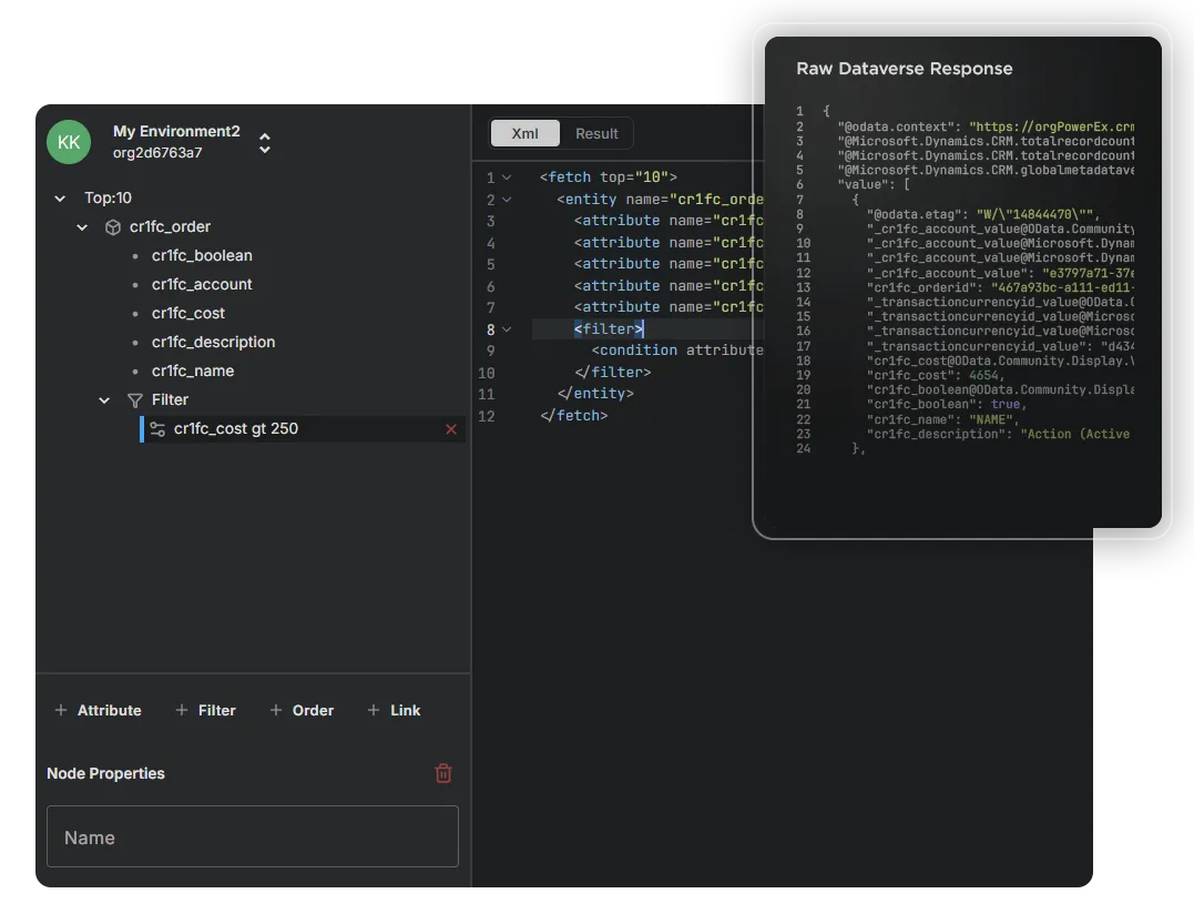 PowerExplorer Interface. Fetch XML Builder